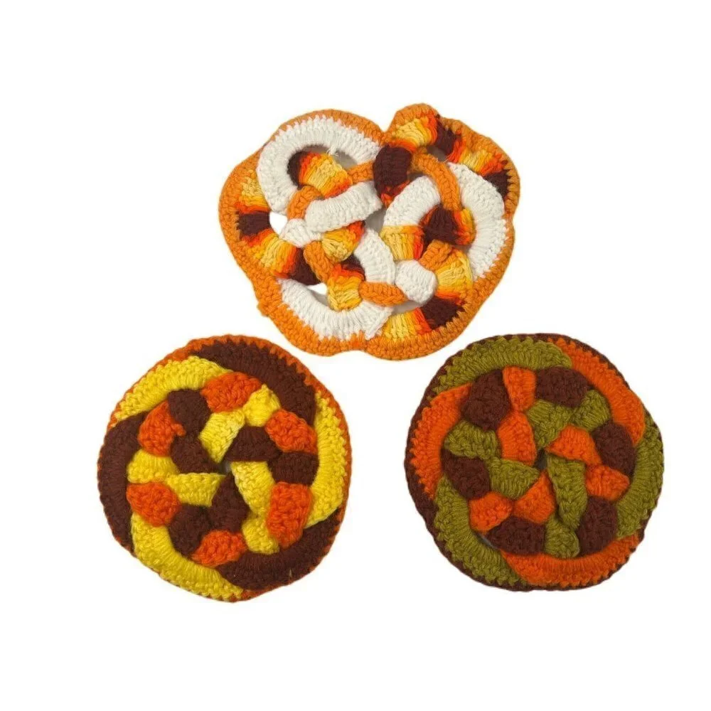 Lot of 3 Vintage Handmade Crochet Potholders 1970s EarthTones EUC